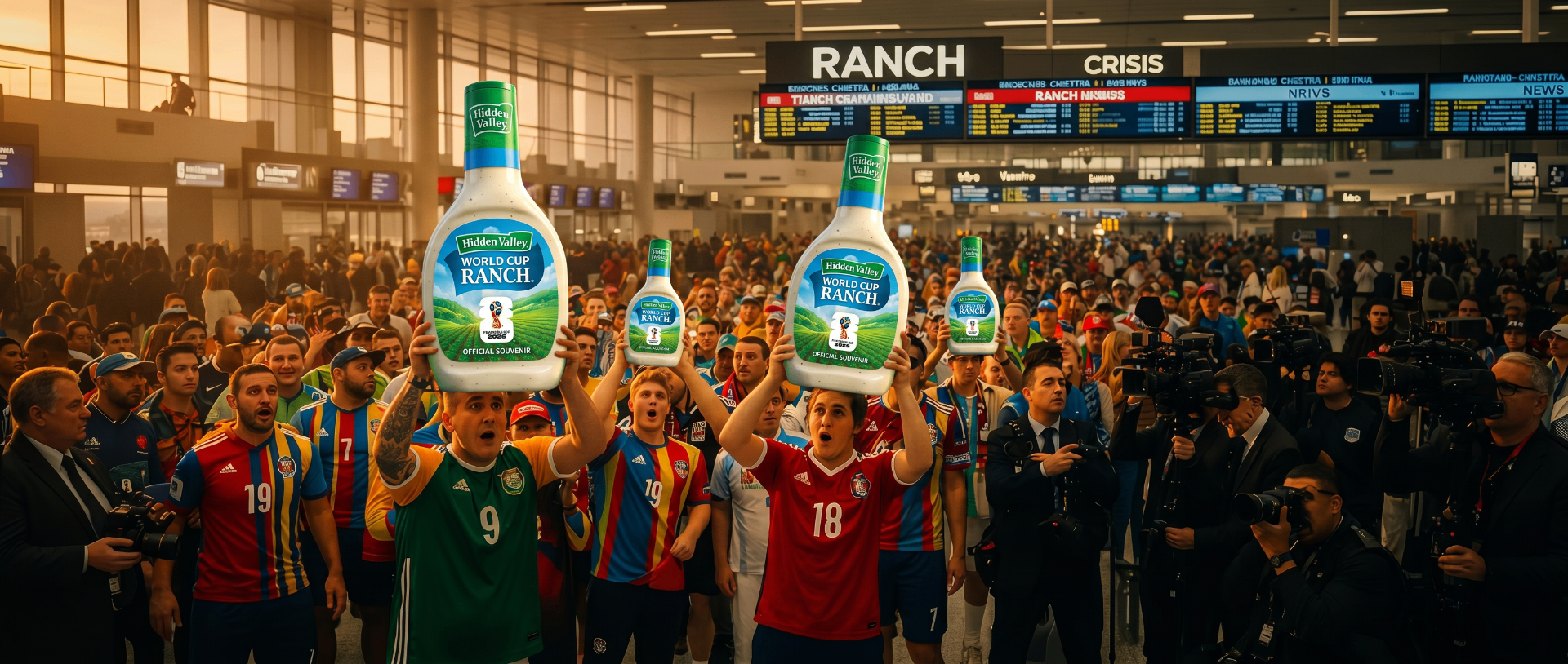 Fans at an airport carrying oversized ranch bottles past TSA